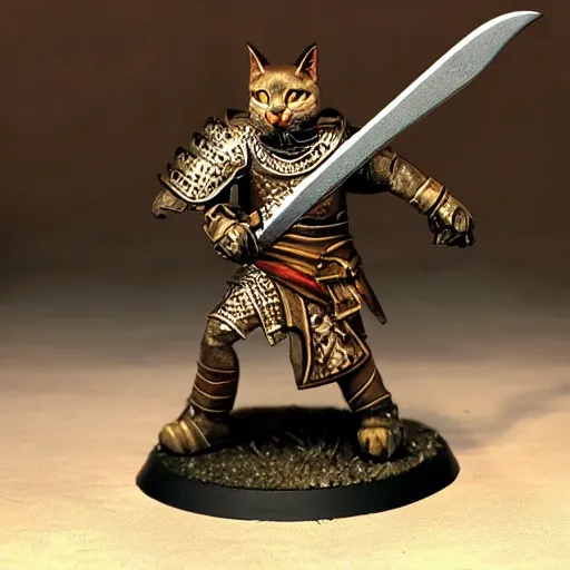 Prompt: quarter length vogue 7 0 mm fashion photo portrait of a dark tabby tabaxi paladin, halberd, plate armor, d & d