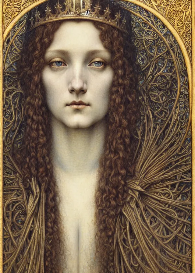 Image similar to detailed realistic beautiful young medieval queen face portrait by jean delville, gustave dore and marco mazzoni, art nouveau, symbolist, visionary, gothic, pre - raphaelite. horizontal symmetry