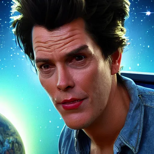 Image similar to hyperrealistic film still of ace ventura hiding in space, stunning 3 d render, inspired by istvan sandorfi & greg rutkowski & unreal engine, perfect facial symmetry, dim volumetric cinematic lighting, 8 k octane comprehensive render, extremely hyper - detailed, incredibly lifelike attributes, intricate, real flesh texture, masterpiece, artstation, stunning,