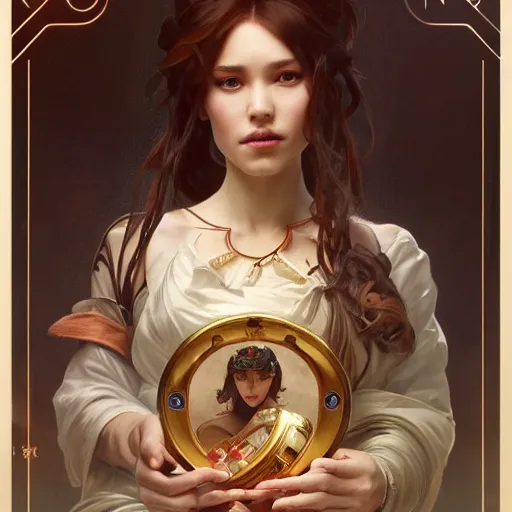 Image similar to a fortune teller holding a wrapped birthday gift with a confused look on their face, art by artgerm and greg rutkowski and alphonse mucha, concept art, octane render, unreal engine 5, highly detailed, high quality, 8 k, soft lighting, realistic face, path traced