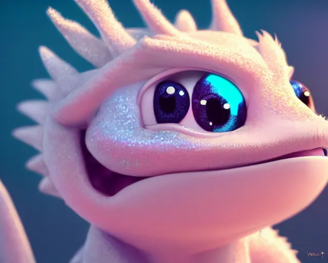 Image similar to character design of a cute dragon, big eyes, soft scale texture, pastel colours, shiny glitter crystals, cc ute, adorable, pixar animation style, detailed, soft light, octane render, 4 k,