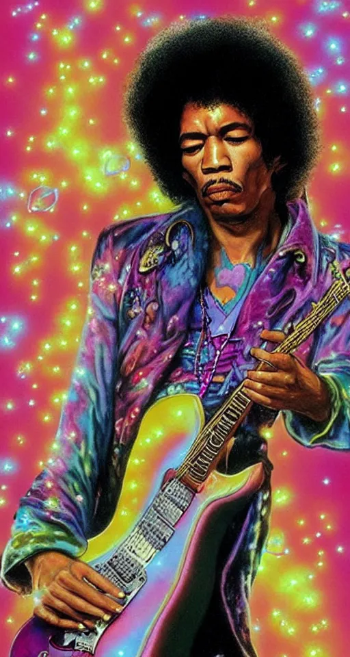 Prompt: Left handed Jimi Hendrix playing guitar southpaw lefty ambidextrous with a Day-Glo halo at the Pearly Gates of Heaven, pink tinged heavenly clouds, beautiful buxom angels in bikinis with detailed beautiful pretty faces resembling Lena Horne and Tuesday Weld, flying around his head blowing iridescent soap bubbles, Halle Berry as an angel with a harp wearing golden white robes, ornate tall golden gates adorned with iridescent mother of pearl inlay, Behind the gates is a beautiful waterfall and rainbow, by Rudolph Belarski and Thomas Kinkade, trending on artstation, matte painting