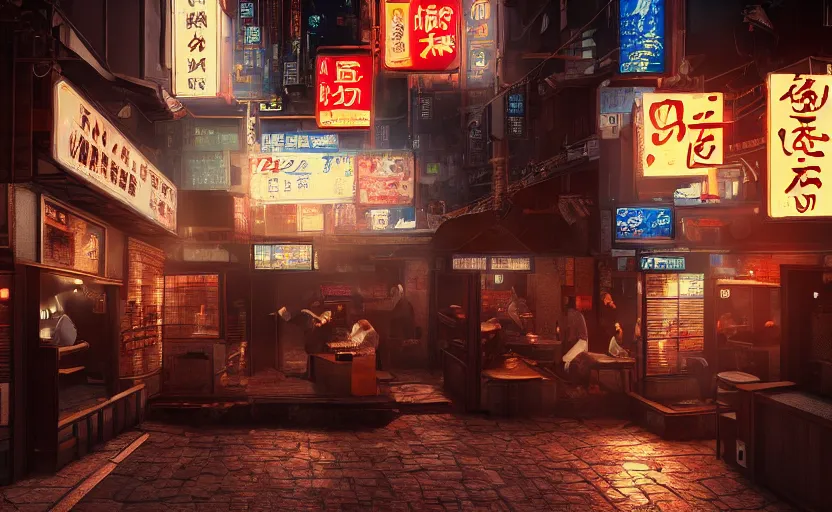 Image similar to a small cozy hole in the wall ramen restaurant nestled in a busy street of a bustling thriving cyberpunk city at night, trending on cgsociety, unreal engine, 4 k wallpaper