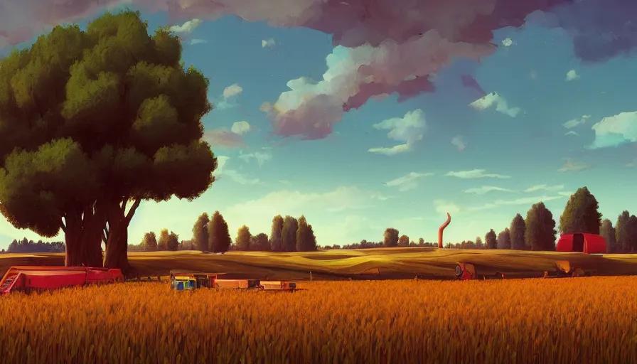 Prompt: colourful sky, wheat field, harvesters, big trees, matte painting, art station, digital art, simon stalenhag