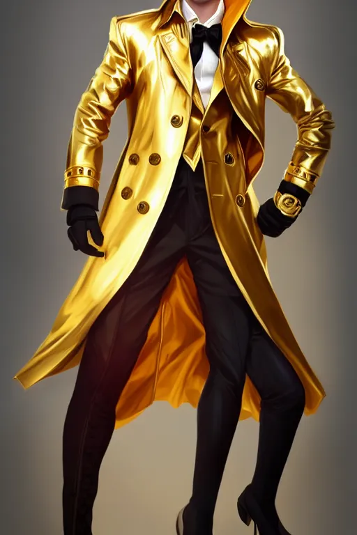 Image similar to Millionaire human male, full body gold trench coat, aristocrat, character concept art, costume design, red eyes, long black hair, laurel wreath, trending on artstation, Artgerm, WLOP