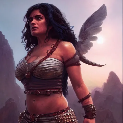 Image similar to salma hayek as a barbarian warrior, in gta v, stephen bliss, unreal engine, fantasy art by greg rutkowski, loish, rhads, ferdinand knab, makoto shinkai and lois van baarle, ilya kuvshinov, rossdraws, tom bagshaw, global illumination, radiant light, detailed and intricate environment