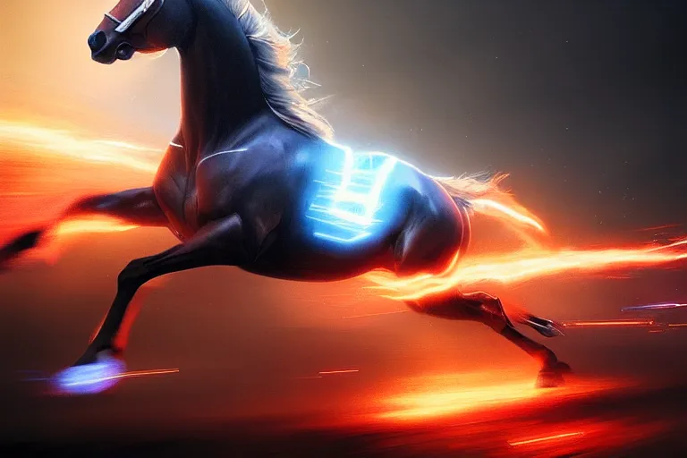 Image similar to a stunning digital painting of a horse as the flash running in the speedforce by greg rutkowski, volumetric light, digital art, fine detail, photorealistic