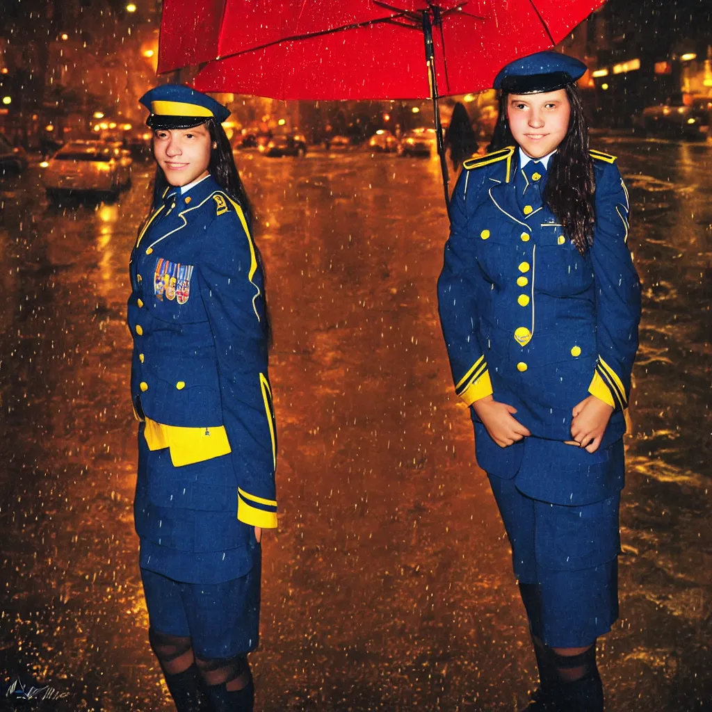 Image similar to night flash portrait photography of a high school girl in uniform on the lower east side by annie leibovitz, colorful, nighttime!, raining!