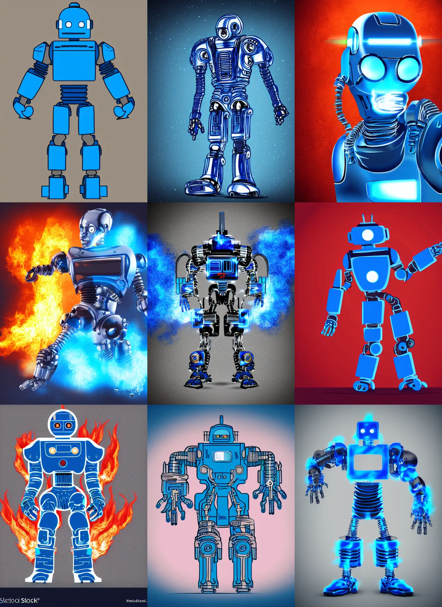 Prompt: full body concept flat blue colored retro sci - fi terminator robot with flames around it