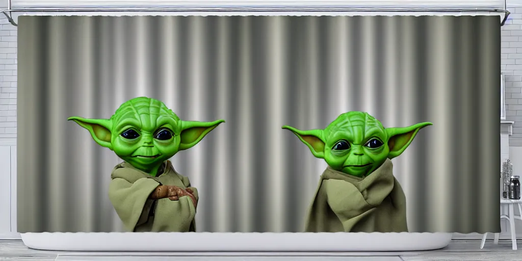 Image similar to a ( ( ( ( ( mando mandalorian ) ) ) ) ) baby yoda themed shower curtain, shower curtain. product photography. product lighting. digital art. 4 k, highly detailed. saturated. 3 d render.