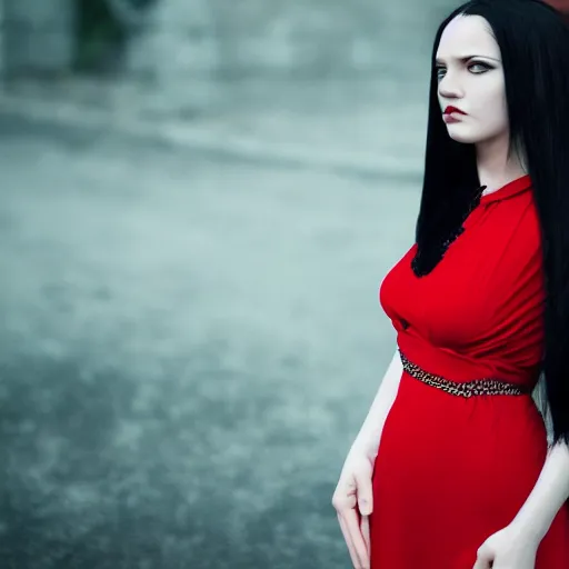 Prompt: portrait of a woman with long black hair and red eyes, wearing a red dress, 8k, photography, professional, detailed face, beautiful, cinematic lighting, film, high quality, depth of field, dark colors,