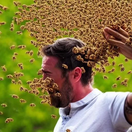 Image similar to man covered in bees, screaming and flailing