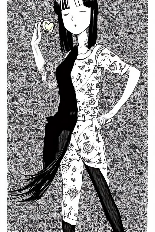 Image similar to portrait of a girl in long pants and a top, hands in pockets, eyes closed, red heart shaped tattoo on the right hand, bob haircut, digital art, black and white, detailed illustration by junji ito and kaoru mori
