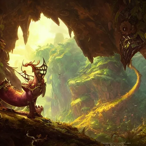 Prompt: Cute little Dragon with steampunk glasses and gadgets resting in a cave, natural light, lush plants and flowers, elegant, intricate, fantasy, atmospheric lighting, by Greg rutkowski, league of legends splash art