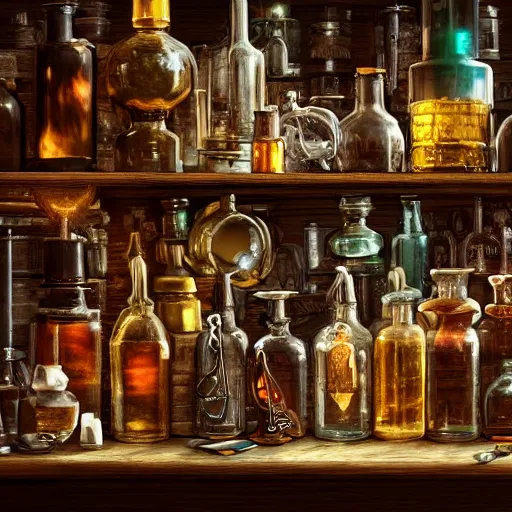 Image similar to An intricate scene with a lot of magic bottles and mechanisms of an alchemist, other bookshelves with bottles and alchemy stuff in the background::fantasy, detailed concept art, artstation, high details::8K, 4K, sharp focus, octane render