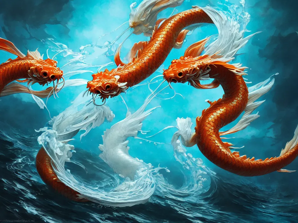 Image similar to intertwined koi dragon fish, water torrent background, jesper ejsing, james jean, justin gerard, tomasz alen kopera, cgsociety, fenghua zhong, makoto shinkai, octane render, highly detailed, rim light, cinematic lighting, hyper realism, high detail, intricate, 4 k, masterpiece