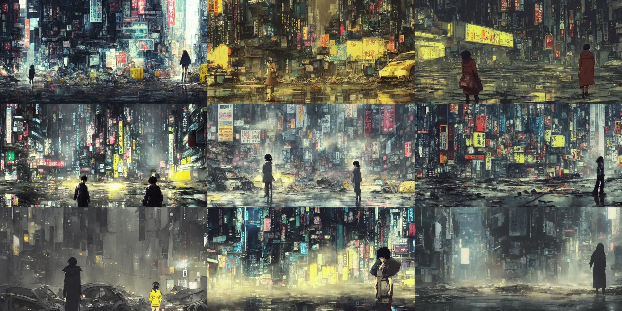 Prompt: incredible wide screenshot, ultrawide, simple water color, paper texture, katsuhiro otomo ghost in the shell movie scene, backlit distant shot girl in parka, dark road, parasol in deserted trash pile night shinjuku junk town, broke machines, bold graffiti, black road, reflection puddles, volumetric light, thick fog, dark vignette, yellow