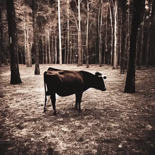 Image similar to low quality photograph of a cow looking at the camera at night, dark, creepy mood, dark forest, low lighting