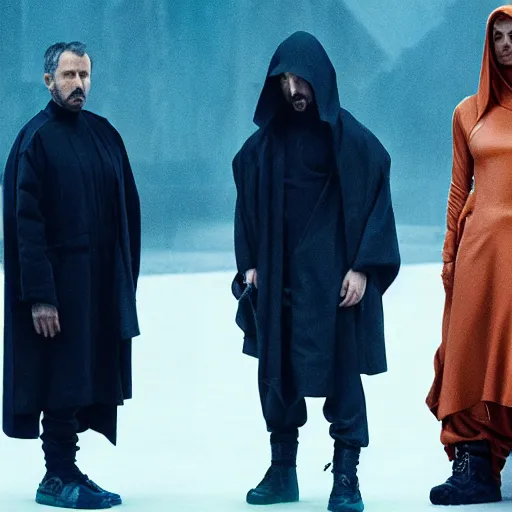 Image similar to Denis Villeneuve visual style, blade runner 2049 colors, rick owens, yohji yamamoto, yeezy, arabic clothes, pyramids