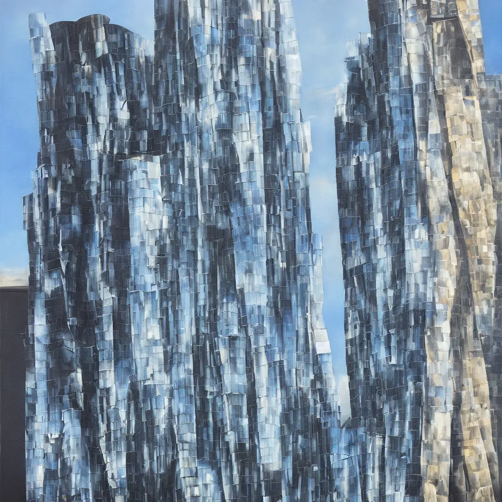 Prompt: an obsidian skyscraper designed by frank gehry, on the other side of a river. realistic oil painting