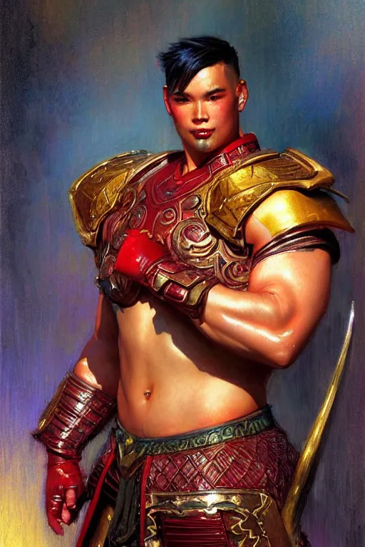 Image similar to attractive beefy male with armor, asian style, character design, colorful, neon lights, painting by gaston bussiere, craig mullins, j. c. leyendecker, tom of finland