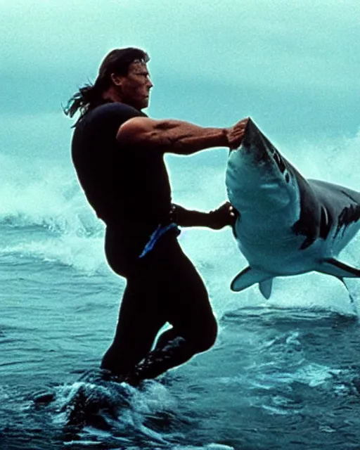 Image similar to film still close up shot of dwayne johnson wrestling with a shark in the movie jaws. photographic, photography