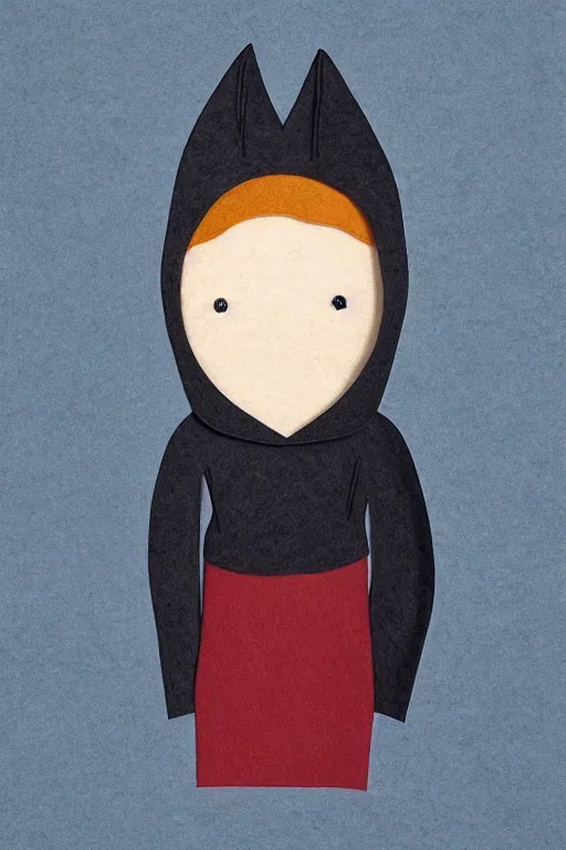 Image similar to ! felt illustration, portrait of a small character, wearing a hood, in the style of anri matiss