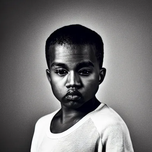 Prompt: the face of young kanye west wearing yeezy clothing at 1 2. 5 years old, black and white portrait by julia cameron, chiaroscuro lighting, shallow depth of field, 8 0 mm, f 1. 8