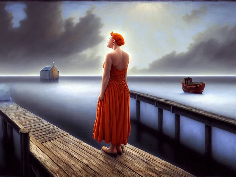 Image similar to a woman standing on a forgotten wharf on a cold sea by rob gonsalves and vladimir kush and roberto ferri and ruth deckard and alberto vargas and gil elvgren and harry ekman and george petty, crisp details, hyperrealism, high detail, high contrast, low light, grey mist, cobblestones, orange candle flames