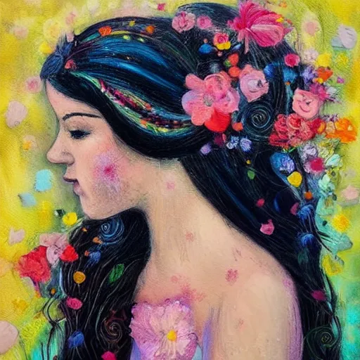 Prompt: portrait of a female with flowers in hair, bokeh, morning light, artist juliette belmonte's profile on artfinder. buy paintings by juliette belmonte and discover thousands of other original paintings, prints, sculptures and photography from independent artists