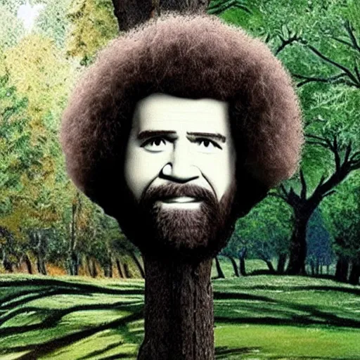 Image similar to screaming bob ross looks like a tree