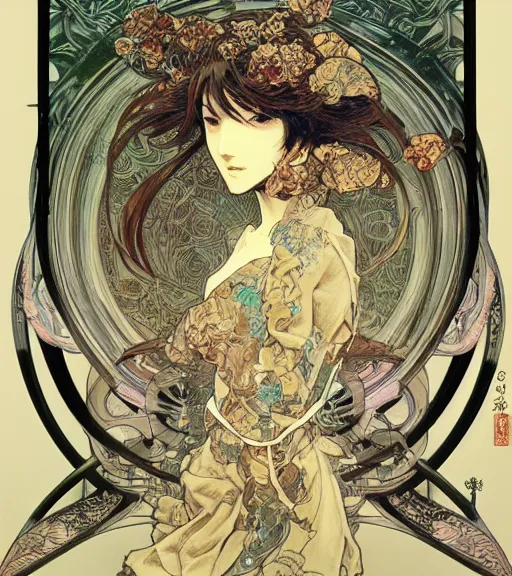 Image similar to yoshitaka amano anime painting, intricate line drawings, pen and ink, alphonse mucha, claire wendling, kentaro miura, ruan jia