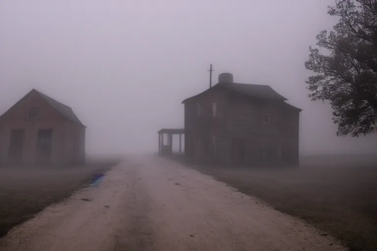 Image similar to Misty ghost town, with a dark shadow of ghosts