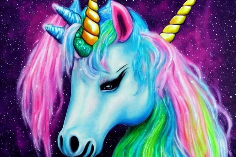 Image similar to the most horrible unicorn art imaginable, airbrush, sparkles, trashy