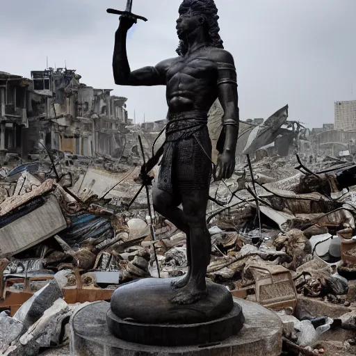 Image similar to statue of a warrior standing in the destroyed city