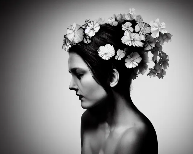 Prompt: a black and white photo of a woman with a flower in her hair, an ambient occlusion render by Christian W. Staudinger, featured on flickr, video art, multiple exposure, genderless, made of glass