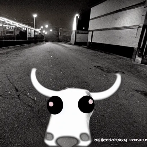 Image similar to creepy cow at night, creepy cctv footage, disturbing horror photo