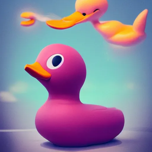 Image similar to funny rubber cute duck monster by artgerm and beeple and charlie bowater, soft lighting, solid background,