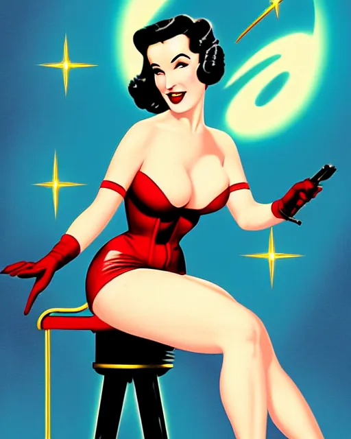 Prompt: a retro sci - fi pinup illustration of dita von teese in the style of alberto vargas and in the style of gil elvgren.