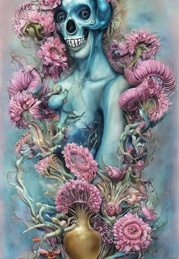 Image similar to a biomorphic painting of a vase with flowers and eyeballs, a surrealist painting by marco mazzoni, by dorothea tanning, pastel blues and pinks, lips, melting, plastic, skull, bees, trending on artstation, metaphysical painting, oil on canvas, fluid acrylic pour art, airbrush art, seapunk, rococo, lovecraftian