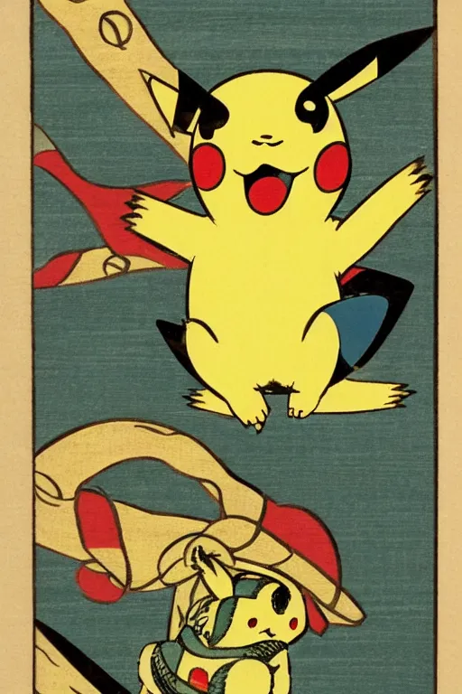 Prompt: Pikachu Pokemon, Japanese ukiyo-e ukiyo-ye woodblock print, by Moronobu