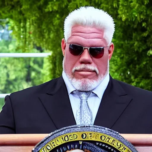 Image similar to realistic photo of big poppa pump scott steiner with no shirt and a chainmail coif standing behind the podium during a press conference at the white house rose garden