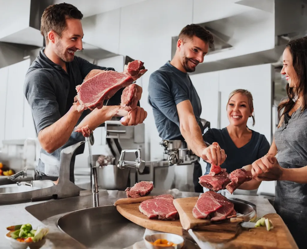 Prompt: first person point of view of a couple holding a meat grinder in front of kitchen sink, 8k