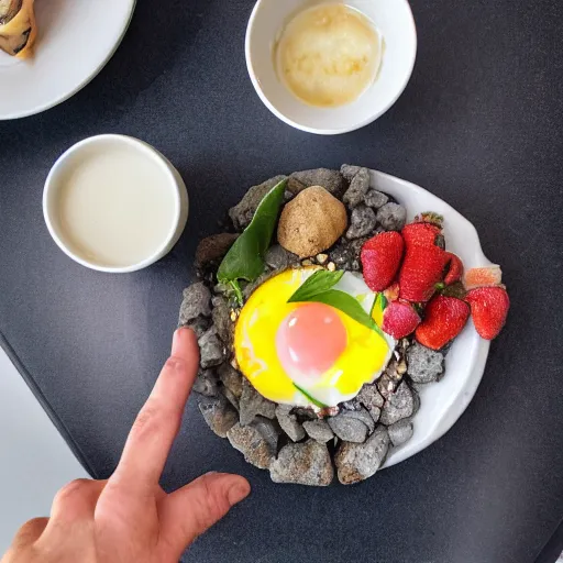 Prompt: a photo of a breakfast made of rocks