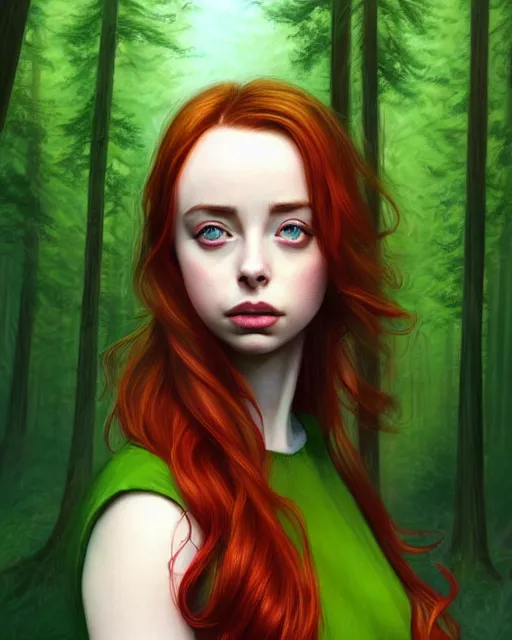 Prompt: gorgeous Kacey Rohl, realistic character concept, red hair, symmetrical face, symmetrical eyes, green dress, forest, trees, shorter neck, cinematic lighting, artgerm, Joshua Middleton, Adreas Rocha, beautiful