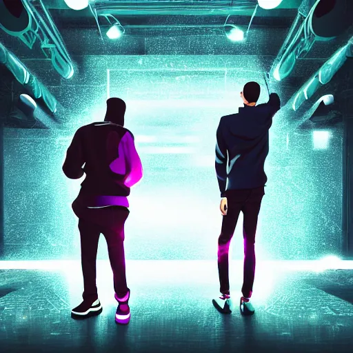 Prompt: ! dream stylish cartoon portrait of two hip hop artists in a club with designer clothes, throwing rubber bands in the air instead of money, made out of rain, cyberpunk background, rendered in octane, unreal engine, highly detailed, trending on artstation, realistic, splashes of neon, beautiful, depth of field, glowing eyes