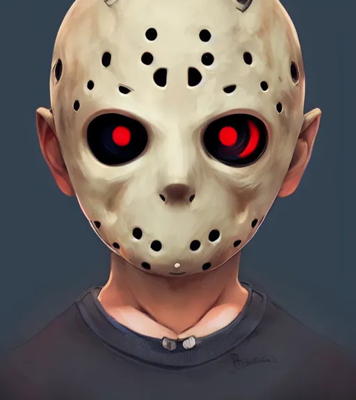 Image similar to beautiful little boy anime character inspired by jason voorhees, art by rossdraws, wlop, ilya kuvshinov, artgem lau, sakimichan and makoto shinkai, concept art, anatomically correct, extremely coherent, realistic, mask, smooth hd, 8 0 s haircut