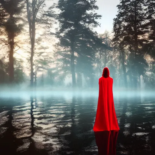 Image similar to beautiful lady with white long hair and dressed with a red victorian cloak, seen from behind, standing in a lake, mist, morning light, photorealistic