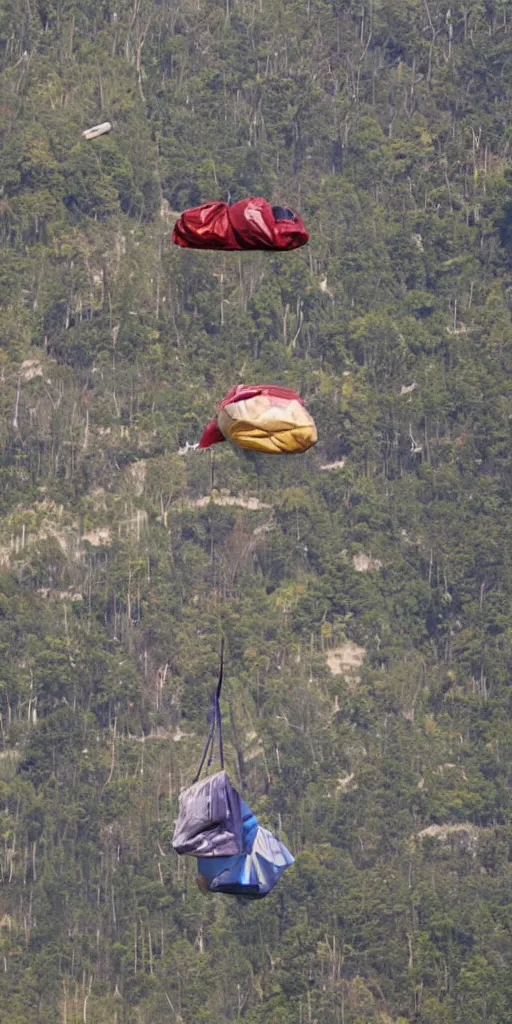 Prompt: bags dropping down at rapid speed through the sky