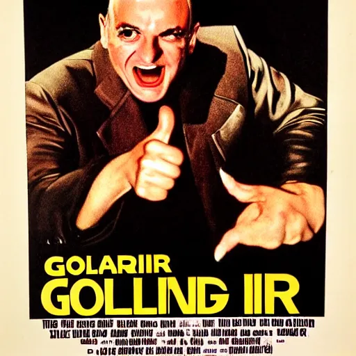 Prompt: 1980s horror movie poster for a film called Goldfinger, starring Andrew Gilding smiling in a sinister manner while giving a thumbs-up